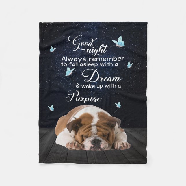 Personalized Dog Quilt Blanket, Bulldog Good Night Fleece Blanket (Front)