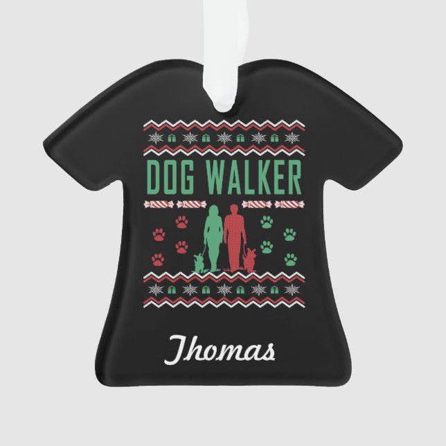 Personalized Dog Walker Ugly Christmas Sweater Ornament (Front)