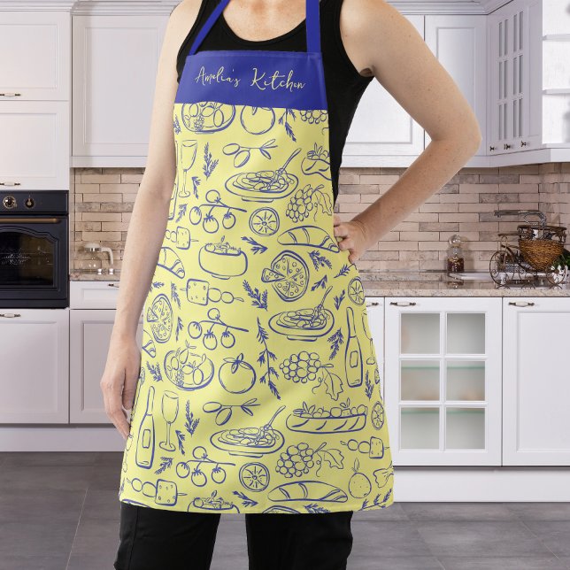 Personalized Dolce Vita Food Pattern Blue Yellow Apron (Creator Uploaded)