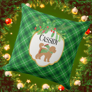 Personalized Doodle Dog Green Plaid Holiday Throw Pillow