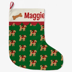 Personalized Doodle Dog Red Green Tan Large Christmas Stocking