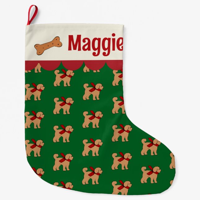 Personalized Doodle Dog Red Green Tan Large Christmas Stocking (Front)