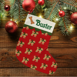 Personalized Doodle Dog Red Green Tan Large Christmas Stocking