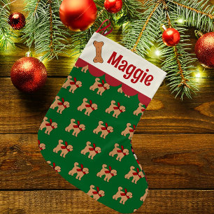 Personalized Doodle Dog Red Green Tan Large Christmas Stocking