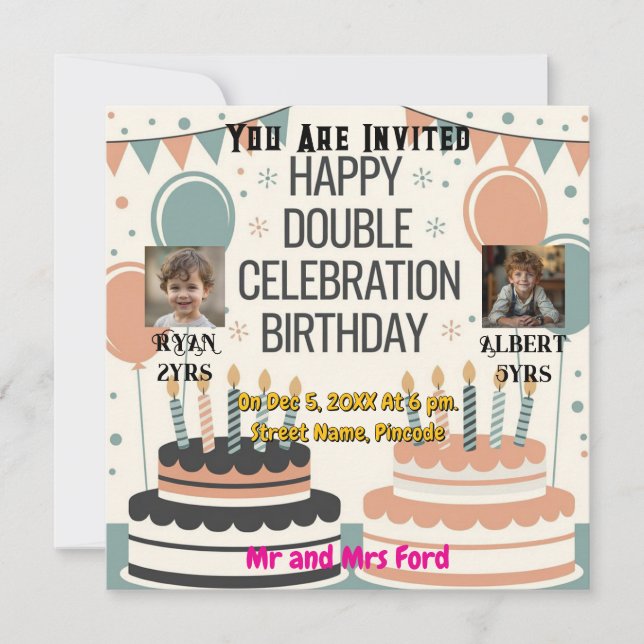 Personalized Double Birthday Two Cakes Invitation (Front)