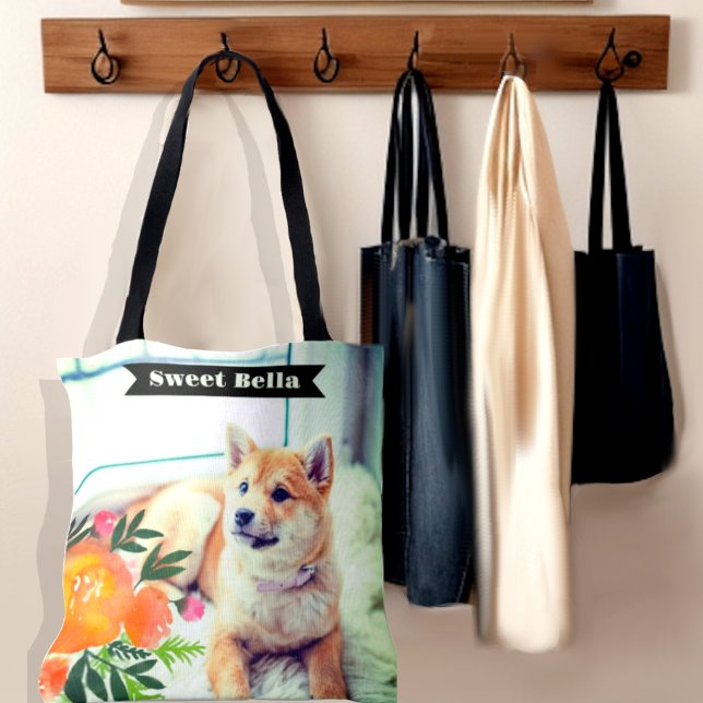 Personalized double sided all over full photo  tote bag (All over custom photo with flowers on top ,and personalized name banner)