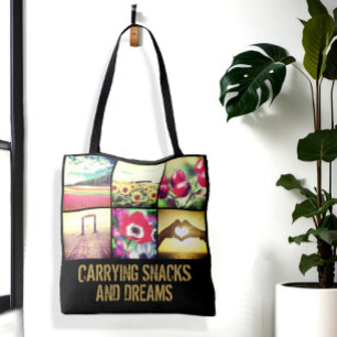 Personalized double sided photo grid custom text tote bag