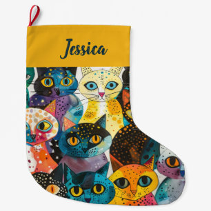 Personalized Double Sided Whimsical Cat Design Large Christmas Stocking