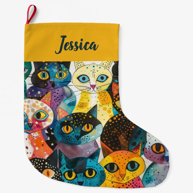 Personalized  Double Sided Whimsical Cat Design Large Christmas Stocking (Front)
