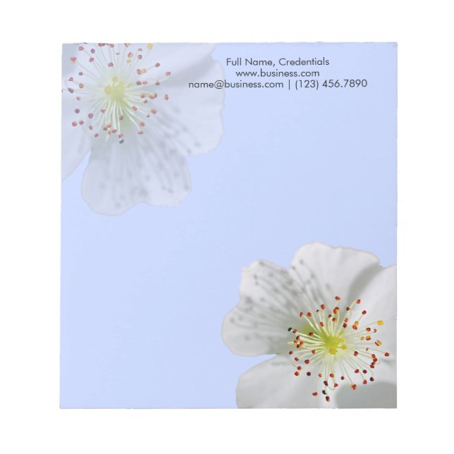 Personalized Double White Flower Bloom, Light Blue Notepad (Front)