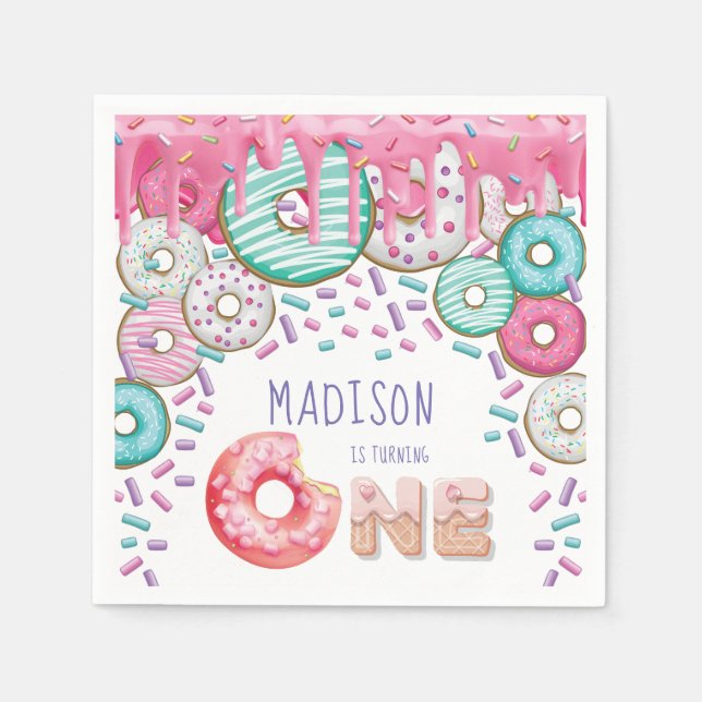 Personalized Doughnut Sprinkles First Birthday Napkin (Front)