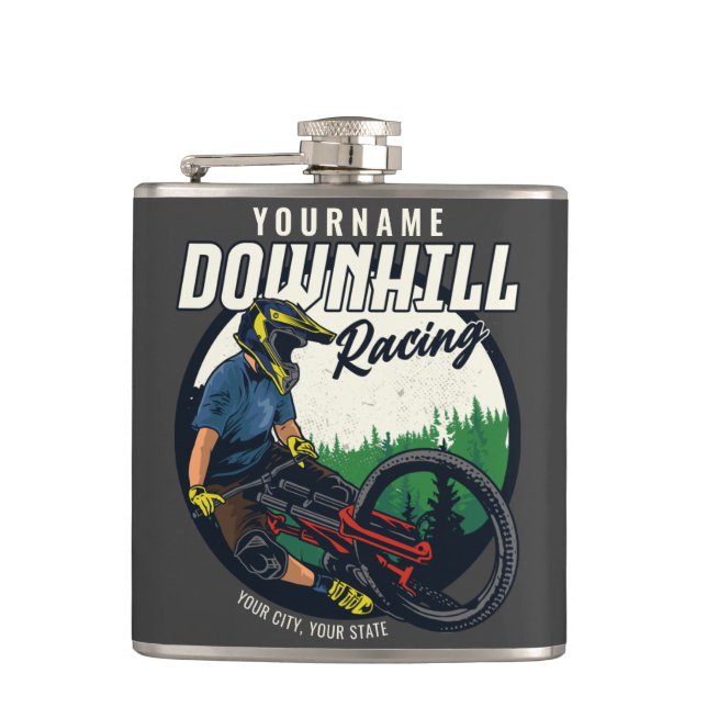 Personalized Downhill Racing Mountain Bike Trail  Hip Flask (Front)