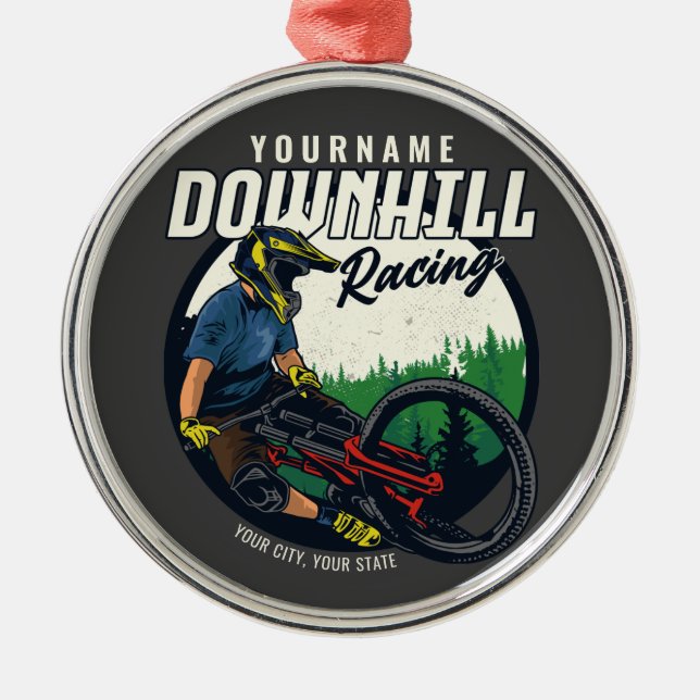 Personalized Downhill Racing Mountain Bike Trail  Metal Ornament (Front)