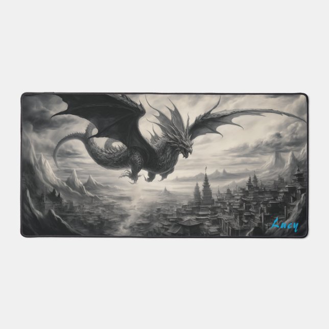 Personalized Dragon over Chinese City Desk Mat (Front)
