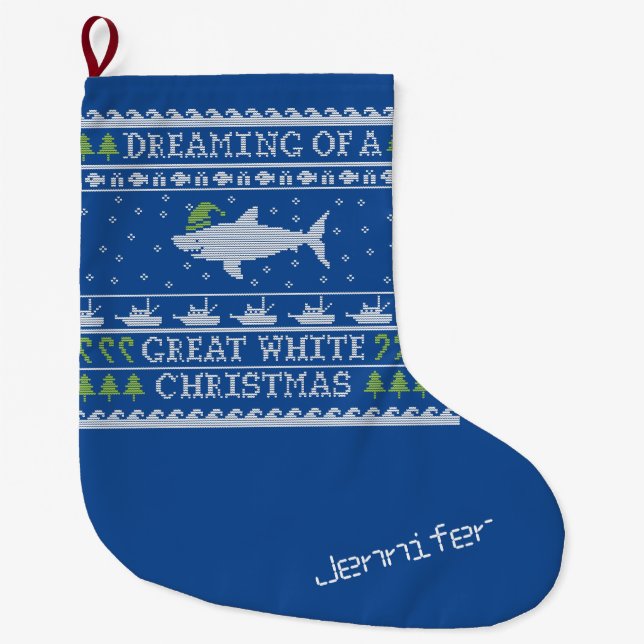 Personalized Dreaming of Great White Shark Blue Large Christmas Stocking (Front)