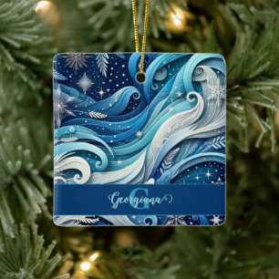 Personalized Dreamy Blue and Frosty Winter Swirls Ceramic Ornament
