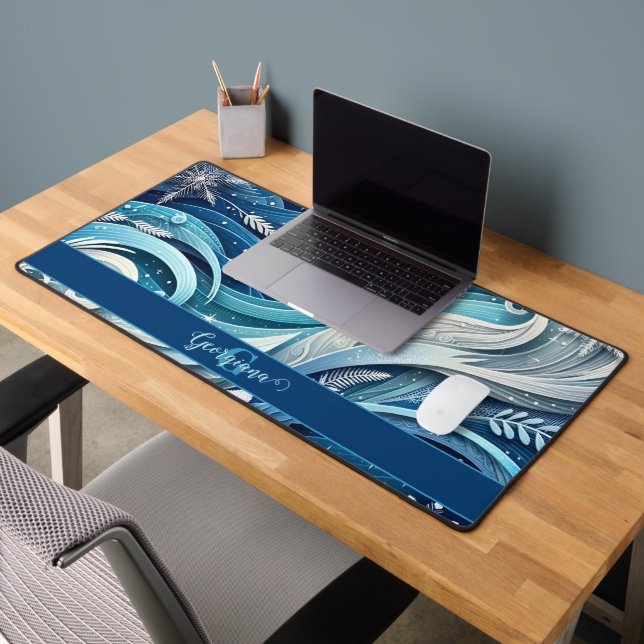Personalized Dreamy Blue and Frosty Winter Swirls Desk Mat (Office 2)
