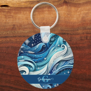 Personalized Dreamy Blue and Frosty Winter Swirls Keychain
