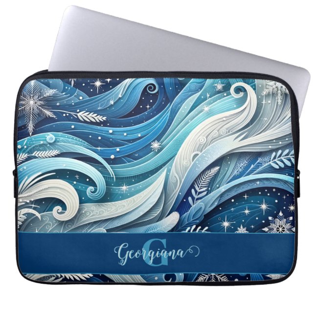 Personalized Dreamy Blue and Frosty Winter Swirls Laptop Sleeve (Front)