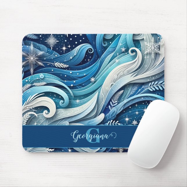 Personalized Dreamy Blue and Frosty Winter Swirls Mouse Pad (With Mouse)