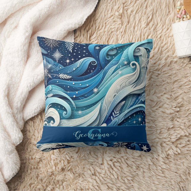 Personalized Dreamy Blue and Frosty Winter Swirls Throw Pillow (Blanket)