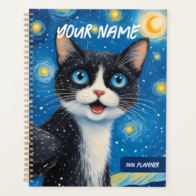 Personalized Dreamy Moon Cat Starry Night Planner (Devant)
