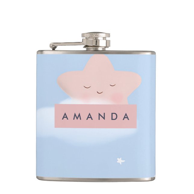 Personalized Dreamy Pastel Star and Cloud Pattern Hip Flask (Front)
