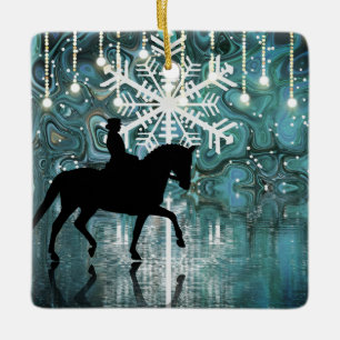 Personalized Dressage Horse Winter Night Snowflake Ceramic Ornament