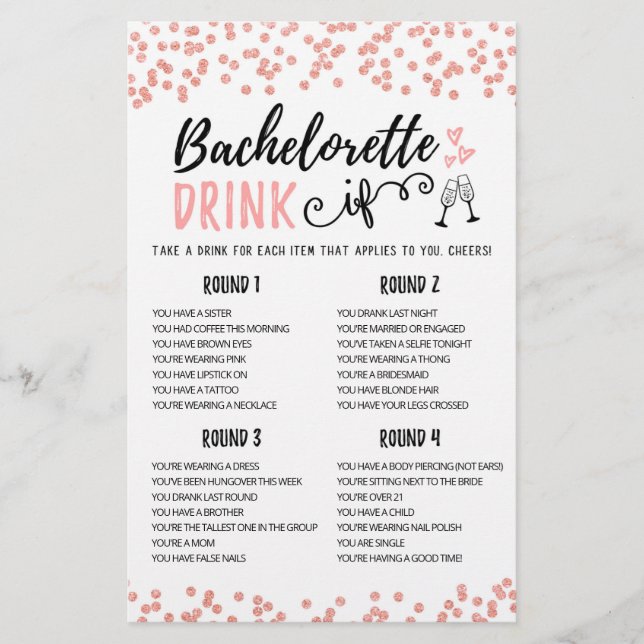 Personalized DRINK IF Bachelorette, Hen Party game (Front)