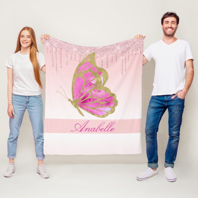 Personalized Dripping Glitter Pink Butterfly Fleece Blanket (In Situ)