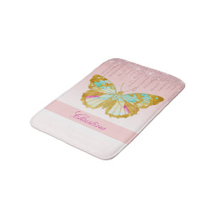 Personalized Dripping Glitter Pink Teal Butterfly Bath Mat