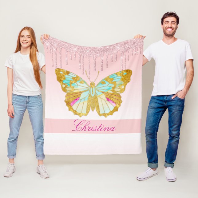 Personalized Dripping Glitter Pink Teal Butterfly Fleece Blanket (In Situ)