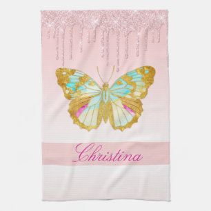 Personalized Dripping Glitter Pink Teal Butterfly Kitchen Towel
