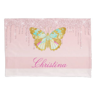 Personalized Dripping Glitter Pink Teal Butterfly Pillowcase