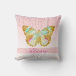 Personalized Dripping Glitter Pink Teal Butterfly Throw Pillow