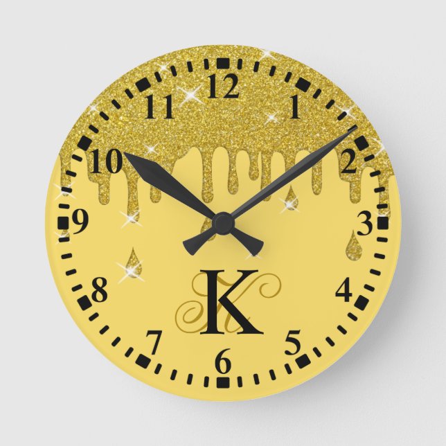 Personalized Dripping Gold Glitter Effect Sparkles Round Clock (Front)