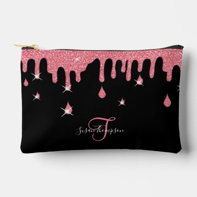 Personalized Dripping Pink Glitter Effect Sparkle Accessory Pouch (Front)