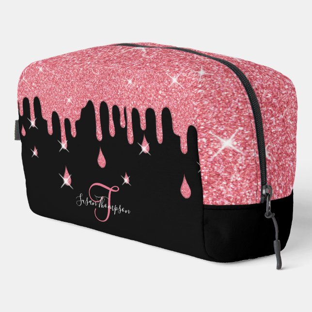 Personalized Dripping Pink Glitter Effect Sparkle Dopp Kit (Right Corner)