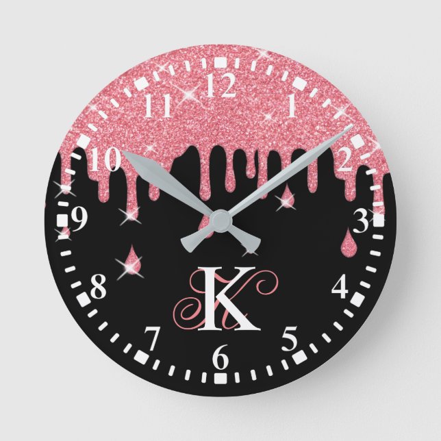 Personalized Dripping Pink Glitter Effect Sparkles Round Clock (Front)