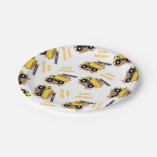 Personalized Dump Truck Construction Mud Boys Name Paper Plate