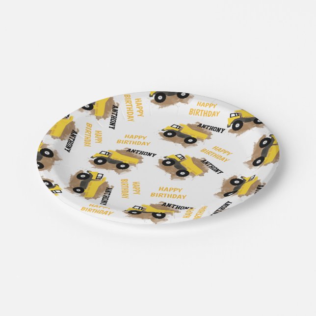 Personalized Dump Truck Construction Mud Boys Name Paper Plate (Angled)