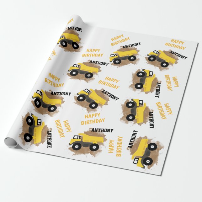 Personalized Dump Truck Construction Mud Boys Name Wrapping Paper (Unrolled)