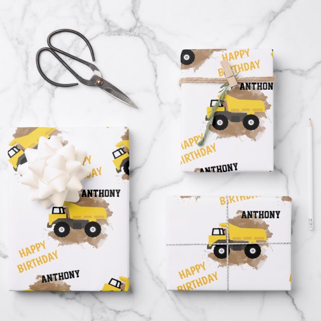 Personalized Dump Truck Construction Mud Boys Name Wrapping Paper Sheet (Front)