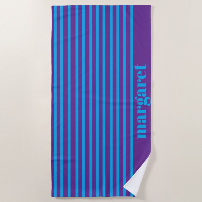 Personalized Dusky Blue Stripes Beach Towel (Front)