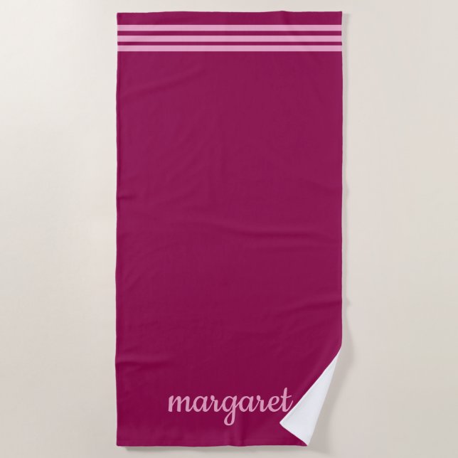 Personalized Dusky Maroon w/ Pink Stripes Beach Towel (Front)