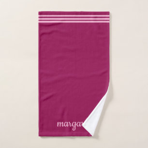 Personalized Dusky Maroon w/ Pink Stripes Hand Towel