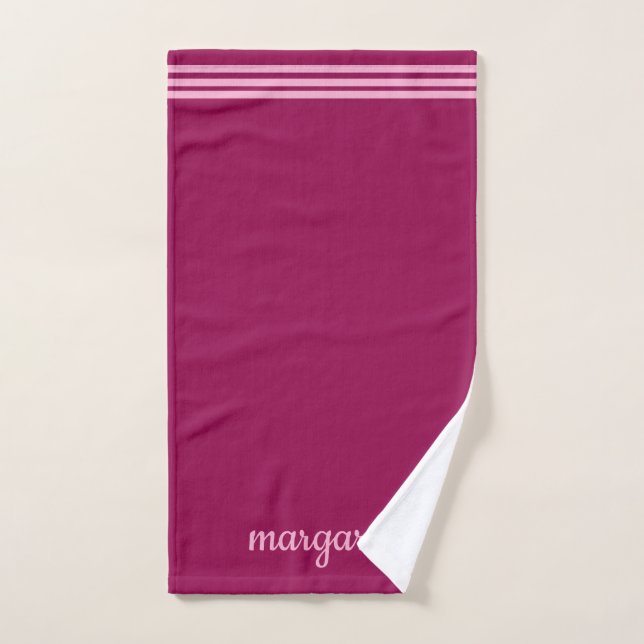 Personalized Dusky Maroon w/ Pink Stripes Hand Towel (Hand Towel)