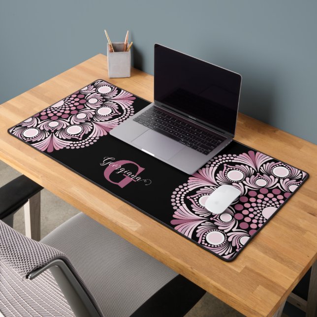 Personalized Dusky Rose Boho Floral Dot Mandala Desk Mat (Office 2)