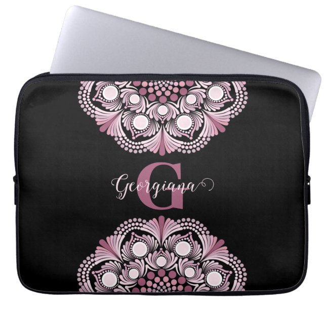 Personalized Dusky Rose Boho Floral Dot Mandala Laptop Sleeve (Front)