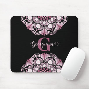 Personalized Dusky Rose Boho Floral Dot Mandala Mouse Pad